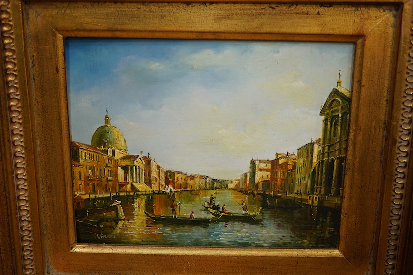 Vincci, Venetian canal and landscape, signed, pair of oils on board, gilt framed, 18 x 23cm